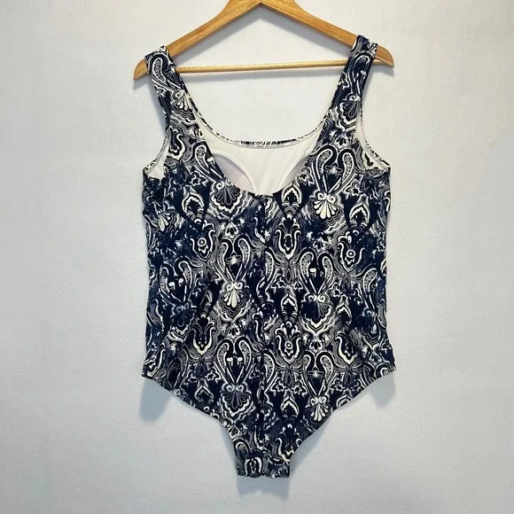 Catalina One Piece Swimsuit Padded Cups Blue Off White Geometric Pattern 18W/20W - Picture 2 of 7